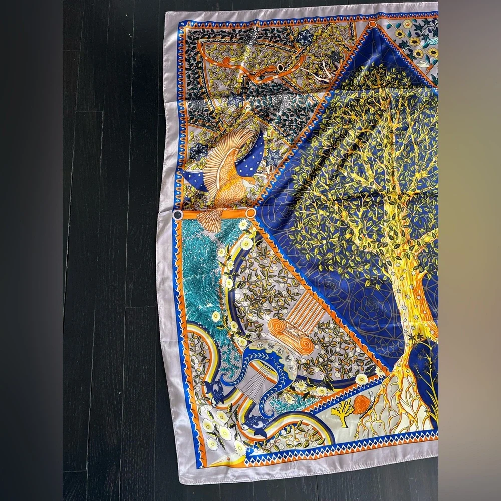Elegant Blue and Gold Tree of Life Scarf 100% silk